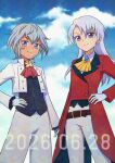  2girls ascot bemikabemika black_shirt blue_sky cloud coattails commentary_request cosplay costume_switch dated gloves grey_hair hand_on_own_hip jacket long_hair multiple_girls mutsuba_asaka mutsuba_asana orange_ascot pants purple_eyes red_ascot shirt short_hair sky smile tailcoat tan white_gloves white_jacket white_pants yu-gi-oh! yu-gi-oh!_go_rush!! yu-gi-oh!_sevens 