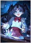  1girl aged_down aqua_eyes black_hair book bow bowtie fate/stay_night fate/unlimited_blade_works fate/zero fate_(series) floating_hair highres honkai:_star_rail honkai_(series) indoors long_hair long_sleeves looking_at_object official_art open_mouth red_bow red_bowtie red_skirt shirt shirt_tucked_in skirt smile solo tohsaka_rin tohsaka_rin_(fate/zero) very_long_hair white_shirt 