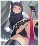  1girl absurdres animal_ears ass_visible_through_thighs black_gloves black_hair black_panties black_skirt black_thighhighs blunt_bangs blurry blush bow bow_panties breasts cameltoe cat_ears chromatic_aberration commentary cosplay dress english_commentary femdom from_below gloves grin hand_on_own_hip heavy_chromatic_aberration highres holding holding_leash leash leash_pull long_hair long_sleeves looking_at_viewer looking_down medium_breasts neck_ribbon original ozzyart_0221 panties parted_lips phantasy_star phantasy_star_online_2 pov red_eyes ribbon shirt skindentation skirt smile solo standing sweat teeth thighhighs thighs underwear upskirt variant_set viewer_on_leash white_shirt 