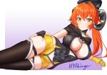  1girl artist_name asymmetrical_gloves black_hat black_horns black_thighhighs blush breasts commentary_request curled_horns dragon_girl dragon_horns dress fingerless_gloves gloves green_eyes hair_between_eyes hat highres horns hythinger large_breasts long_hair looking_at_viewer lying mechanical_horns mismatched_gloves on_side open_clothes orange_hair orange_pupils orphie_magnusson pointy_ears purple_dress shorts simple_background single_fingerless_glove smile solo thighhighs twintails yellow_gloves yellow_shorts zenless_zone_zero 