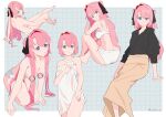 1girl absurdres black_ribbon black_shirt blue_eyes bra breasts brown_skirt censored censored_nipples character_censor closed_mouth collar commentary_request grey_background grid_background hair_intakes hair_ribbon highres kamiina_botan kamiina_botan_yoeru_sugata_wa_yuri_no_hana large_breasts long_hair multiple_views naked_towel novelty_censor nude ooarai_school_uniform panties parted_lips pink_hair ribbon school_uniform shirt skirt smile sweat topless_female towel tsukimi_sou two_side_up underwear white_bra white_panties 