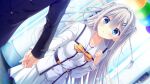  1boy 1girl back_bow blue_eyes bow bowtie braid buttons da_capo da_capo_v double-breasted dutch_angle gakuran game_asset grabbing_another's_hand grey_hair hair_bow hair_flaps hair_ornament hairclip half_up_braid hand_up highres indoors jacket long_hair long_sleeves miniskirt non-web_source official_art pleated_skirt purple_bow sailor_collar sakuragi_mizuha school_uniform skirt sleeve_cuffs standing striped_clothes tanihara_natsuki twin_braids two_side_up visual_novel_cg white_jacket white_sailor_collar white_skirt wide-eyed yellow_bow yellow_bowtie 