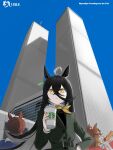  3girls :o absurdres agnes_tachyon_(umamusume) ahoge animal_ears belt black_hair black_shirt blue_jacket brown_hair building buttons closed_eyes coat commentary cup disposable_coffee_cup disposable_cup ear_tag earrings eating english_commentary english_text food from_below green_belt green_coat hair_between_eyes hand_on_own_hip highres holding holding_cup horse_ears horse_girl hot_dog jacket jam_(umamusume) jewelry jungle_pocket_(umamusume) long_bangs long_hair long_hair_between_eyes looking_at_viewer manhattan_cafe_(umamusume) mappleon1 multiple_girls neckerchief open_mouth shirt single_earring sky skyscraper starbucks starbucks_siren trench_coat umamusume white_shirt world_trade_center yellow_eyes yellow_neckerchief 