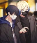  2boys bad_id bad_twitter_id black_hair black_sweater blonde_hair blue_eyes blue_hair blue_lock blurry blurry_background drawstring gradient_hair hand_up highres hood hood_down hooded_jacket isagi_yoichi jacket lapels layered_clothes male_focus mask michael_kaiser moco_(1553561764583079936) mouth_mask multicolored_hair multiple_boys notched_lapels pointing shirt short_hair sweater turtleneck turtleneck_sweater upper_body white_shirt 