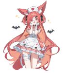  1girl absurdres animal_ear_fluff animal_ears astral_party bandaged_arm bandaged_leg bandages bat_(animal) belt black_ribbon blush commentary_request cropped_legs cross cross_print dress eyepatch gloves hands_on_own_face hands_up heart heart_eyepatch highres long_hair looking_at_viewer multicolored_dress multiple_belts puffy_sleeves red_dress red_eyes red_hair ribbon shiro_wa_(shiroshironix) short_sleeves simple_background single_glove solo tail teru_(astral_party) thighs two-tone_dress very_long_hair white_background white_belt white_dress white_gloves 