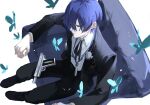  1boy blue_butterfly blue_hair bug butterfly cardigan commentary digital_walkman earphones_removed evoker gekkoukan_high_school_uniform headphones highres male_focus mp3_player persona persona_3 persona_3_reload ribbed_cardigan school_uniform short_hair solo toori_(moo_no0) walkman_nw-s203f yuuki_makoto_(persona_3) 