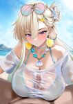  1boy 1girl absurdres aqua_bikini bikini bikini_top_under_shirt bikini_under_clothes blonde_hair blue_sky blush braid braided_bangs breasts closed_mouth clothed_sex commentary day erection eyewear_on_head flower fruit_earrings hair_between_eyes hair_flower hair_ornament hetero highres jewelry large_breasts long_hair looking_at_viewer low_twintails lynae_(peppermint)_(wuthering_waves) lynae_(wuthering_waves) m_(1n910) necklace official_alternate_costume outdoors paid_reward_available paizuri paizuri_under_clothes penis pov purple_eyes round_eyewear see-through_clothes see-through_shirt shirt sky sunglasses swimsuit twintails white_flower white_shirt wuthering_waves 