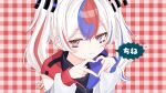  1girl blue_eyes blue_streaks cherry_pop_(vocaloid) commentary_request floating_headgear four-finger_heart_hands grid_background headgear heart heart_hands heterochromia highres kokkimusume lemonjelly_199 long_sleeves multicolored_hair personification red_eyes red_hair red_streaks smile solo south_korea_(ppfjvdjudk54073) speech_bubble streaked_hair twintails white_hair 