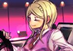  1girl akamatsu_kaede blonde_hair closed_mouth commentary_request danganronpa_(series) danganronpa_v3:_killing_harmony driving eyelashes hair_ornament heart lamppost long_hair long_sleeves musical_note musical_note_hair_ornament necktie one_eye_closed pink_eyes pink_sweater_vest red_necktie shinshishinc shirt smile solo steering_wheel sweater_vest white_shirt 