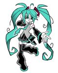  1girl :d aqua_eyes aqua_hair aqua_theme belt black_boots black_skirt black_sleeves boots buchithebug colored_skin detached_sleeves eyelashes grey_shirt hand_on_own_head hatsune_miku highres long_hair looking_at_viewer shirt sketch skirt smile toon_(style) twintails vocaloid white_background white_skin 