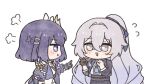  2girls blue_eyes blue_hair bronya_zaychik bronya_zaychik_(outstanding_attitude) bronya_zaychik_(silverwing:_n-ex) chibi chibi_only commentary english_commentary flying_sweatdrops from_side fu_pineapple grey_hair honkai_(series) honkai_impact_3rd long_hair multiple_girls name_tag pout seele_vollerei seele_vollerei_(wings_of_panacea) short_hair simple_background white_background 