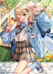  1girl bag blonde_hair blue_cardigan blue_necktie braid cardigan character_name collared_shirt commentary company_name copyright_notice crepe day food green_eyes hair_behind_ear hair_ornament hair_ribbon holding holding_bag holding_crepe holding_food kaburaki_roco kaburaki_roco_(school_uniform) leaf long_hair long_sleeves looking_at_viewer lq_saku miniskirt name_tag necktie nijisanji official_art one_eye_closed open_cardigan open_clothes open_mouth outdoors plaid_clothes plaid_skirt platform_shoes pleated_skirt red_ribbon ribbon sample_watermark school_uniform shirt shoes shopping_bag skirt smile socks solo sweater_vest twin_braids v virtual_youtuber watermark white_shirt white_socks x_hair_ornament 