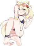  1girl absurdres animal_ear_fluff animal_ears ankleband anklet arm_up armpits bandaid bandaid_on_knee bandaid_on_leg barefoot bikini black_bikini black_choker blonde_hair blue_archive blush choker clothes_pull commentary convenient_leg eyewear_on_head fang feet flat_chest flower foot_focus foreshortening fox_ears frills full_body green_eyes green_halo hair_between_eyes hair_flower hair_ornament halo highres jewelry knees_together_feet_apart knees_up kurumi_(blue_archive) kurumi_(c108_swimsuit)_(blue_archive) legs long_hair looking_at_viewer lying nail_polish nuurise2023 on_back open_mouth red_flower red_nails side_ponytail simple_background skin_fang soles solo sunglasses swimsuit tinted_eyewear toenail_polish toenails toes untranslatable_commentary white_background 
