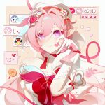  1girl beret border breasts chat_log chinese_commentary coin commentary_request diamond-shaped_pupils diamond_(shape) dress earrings elf elysia_(hi_love_elf)_(honkai_impact) elysia_(honkai_impact) gloves hat heart heart_earrings highres homu_(honkai_impact) honkai_(series) honkai_impact_3rd jewelry jingwei_(bird) large_breasts letter long_hair looking_at_viewer pink_background pink_hair pointy_ears purple_eyes qinglian_is_just_passing_by red_dress smile solo symbol-shaped_pupils very_long_hair white_border white_gloves 