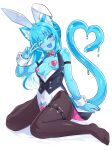  :3 :d ;d animal_ears armlet bare_shoulders black_armlet black_vest blue_eyes blue_hair blue_skin blush bow bowtie breasts brown_pantyhose cat_ears cat_girl coattails colored_skin commentary_request crotchless crotchless_leotard detached_collar fang full_body heart heart_o-ring heart_tail highres jewelry leotard long_hair looking_at_viewer maebari monster_girl o-ring o-ring_thigh_strap one_eye_closed open_mouth original pantyhose pasties pink_bow pink_bowtie sitting slime_girl slime_kemomimi_(ug_(nekonekodou)) small_breasts smile strapless strapless_leotard tail tailcoat thigh_strap tongue ug_(nekonekodou) vest wariza white_leotard 