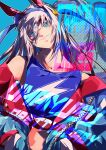  106staygold 1girl absurdres animal_ears bare_shoulders blue_eyes blue_hairband blue_jacket blue_sports_bra breasts character_name commentary_request ear_covers grey_hair hair_between_eyes hairband hands_in_pockets headband highres horse_ears horse_girl jacket lightning_bolt_print lightning_bolt_symbol long_hair long_sleeves midriff multicolored_hairband parted_lips red_headband small_breasts smile sports_bra striped_clothes striped_hairband tamamo_cross_(fast_as_lightning)_(umamusume) tamamo_cross_(umamusume) two-tone_hairband umamusume very_long_hair 