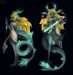  1girl animal_legs artist_logo artist_name bare_shoulders black_background blonde_hair broken broken_sword broken_weapon choker closed_mouth colored_sclera colored_skin commentary crystal dragon_ears dragon_girl dragon_horns dragon_tail dress earrings forehead_jewel frilled_armlet frilled_choker frills from_side full_body furaffinity_username furrification furry furry_female glowing glowing_sword glowing_weapon gradient_eyes green_eyes green_horns green_skin green_skirt half-closed_eyes hands_up highres holding holding_sword holding_weapon horns jewelry kmnsaur light_dragon_(zelda) light_particles logo long_hair looking_at_object looking_down master_sword multicolored_eyes multiple_views pelvic_curtain princess_zelda purple_sclera red_choker russian_commentary skirt snout spoilers standing standing_on_one_leg sword tail tassel tassel_earrings the_legend_of_zelda the_legend_of_zelda:_tears_of_the_kingdom two-tone_dress weapon white_dress 
