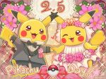  black_bow black_bowtie bow bowtie bridal_veil brown_eyes clothed_pokemon commentary_request dated dress flower grey_jacket jacket one_eye_closed open_mouth pikachu pikachu_(fancy_dress) pikachu_(fancy_tux) pink_flower poke_ball poke_ball_(basic) pokemon pokemon_(creature) pokemon_cafe_remix red_ribbon ribbon runachikku tuxedo veil white_dress 