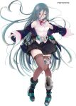  1girl ? ?? absurdres akashi_manaka aqua_belt aqua_boots aqua_hair assault_lily bare_shoulders belt black_boots boots breasts brown_thighhighs collared_shirt commentary_request floating_hair flower full_body hair_between_eyes hair_flower hair_ornament hands_up heel_up highres hotaru_(ultraroly_poly) jacket lace-trimmed_skirt lace_trim long_bangs long_hair long_sleeves looking_ahead material_growth medium_breasts miniskirt multicolored_boots neck_ribbon off_shoulder official_art open_clothes open_jacket outstretched_arms parted_lips pigeon-toed pink_eyes pleated_skirt red_ribbon ribbon shirt simple_background skirt sleeve_belt sleeveless sleeveless_shirt sleeves_past_wrists solo thigh_belt thigh_strap thighhighs two-tone_boots very_long_hair white_background white_flower wide_sleeves zettai_ryouiki zipper_pull_tab 
