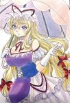  1girl absurdres alternate_costume blonde_hair blue_corset blush bow breasts choker cleavage closed_mouth commentary_request corset gloves hair_bow hat hat_ribbon highres holding holding_umbrella large_breasts long_hair looking_at_viewer mitsu~ mob_cap multiple_hair_bows off-shoulder_shirt off_shoulder pink_umbrella purple_eyes purple_shirt red_bow red_ribbon ribbon shirt skirt smile solo touhou traditional_media umbrella very_long_hair white_choker white_gloves white_hat white_skirt yakumo_yukari 