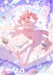  1girl :d ace_(playing_card) ace_of_clubs ace_of_diamonds amai_melo animal_ears badge beret black_choker blue_sky book bow bowtie bubble bubble_skirt button_badge card castle choker clock clock_tower club_(shape) commentary_request commission diamond_(shape) fingernails frilled_skirt frilled_wrist_cuffs frills full_body full_moon gingham_clothes gingham_skirt hair_intakes hair_ornament hairclip hat highres huge_bow indie_virtual_youtuber jar kneehighs knees_together_feet_apart kohanai_momomi mary_janes medium_skirt moon on_book open_book open_mouth outstretched_arm pink_bow pink_bowtie pink_eyes pink_hair pink_sailor_collar pink_shoes pink_skirt playing_card pom_pom_(clothes) pom_pom_hair_ornament puffy_short_sleeves puffy_sleeves rabbit_ears rabbit_hair_ornament rabbit_ornament rainbow roman_numeral sailor_collar shirt shoes short_hair short_sleeves sitting_on_book skeb_commission skirt sky smile socks solo star_(symbol) star_hair_ornament stopwatch stuffed_animal stuffed_rabbit stuffed_toy teddy_bear teeth three_of_hearts tower twintails upper_teeth_only virtual_youtuber watermark white_hat white_shirt white_socks wrist_cuffs 