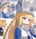  2girls ? bangboo_(zenless_zone_zero) blonde_hair blue_jacket breasts closed_mouth commentary_request dress food gloves grey_hat hat highres holding holding_food jacket large_breasts large_hat long_hair miri_(cherryjelly) motion_lines multiple_girls norma_hollowell purple_eyes remielle_dan shako_cap twitter_username white_background white_dress white_gloves zenless_zone_zero 