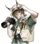  1boy animal_ears arknights arm_up bochishiraita brown_eyes brown_hair bucket_hat camera cat_boy cat_ears chinese_commentary commentary_request ears_through_headwear hand_on_headwear hand_up hat highres holding holding_camera hongshan_forest_zoo hood hood_down hooded_shirt looking_at_viewer male_focus official_alternate_costume phantom_(arknights) short_hair short_sleeves simple_background solo upper_body white_background yellow_hat 