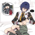  2girls absurdres animal_ears belle_(brilliance_of_stars)_(zenless_zone_zero) belle_(zenless_zone_zero) black_hair blue_hair blush clothes_lift crossed_bangs green_eyes hickey highres jane_doe_(zenless_zone_zero) mouse_ears mouse_girl multicolored_hair multiple_girls official_alternate_costume red_hair short_hair tongue tongue_out two-tone_hair yuri zanqi zenless_zone_zero 