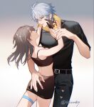  1boy 1girl antenna_hair ass black_shirt black_skirt black_sports_bra breasts commentary_request grey_hair hand_on_another's_ass hetero highres honkai:_star_rail honkai_(series) medium_hair pencil_skirt phainon_(honkai:_star_rail) sb_(sbixinsky) shirt short_hair short_sleeves skirt small_breasts sports_bra standing stelle_(honkai:_star_rail) thigh_strap trailblazer_(honkai:_star_rail) white_hair yellow_eyes 