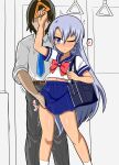  1boy 1girl absurdres bag blue_necktie blue_skirt chikan commentary_request grey_hair groping hetero highres long_hair midriff_peek molestation mutsuba_asaka necktie one_eye_closed pleated_skirt purple_eyes red_zero-doo_(and_hagure) school_bag school_uniform serafuku shirt skirt socks white_shirt white_socks yu-gi-oh! yu-gi-oh!_go_rush!! 