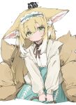  1girl animal_ears aqua_skirt arknights blonde_hair blush brown_ribbon cardigan closed_mouth commentary green_eyes hair_between_eyes heixiu highres holding jewelry long_hair looking_at_viewer multicolored_hair multiple_tails neck_ring notice_lines official_alternate_costume open_cardigan open_clothes ribbon shirt simple_background skirt solo streaked_hair suzuran_(arknights) suzuran_(spring_praise)_(arknights) tail the_legend_of_luo_xiaohei tntl_nemui white_background white_cardigan white_hair white_shirt yellow_tail 