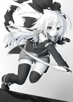  battle chabaneko cutting detached_sleeves dual_wielding energy_sword full_body grey_background holding holding_sword holding_weapon long_hair long_sleeves looking_at_viewer monochrome original running short_shorts shorts simple_background sword thighhighs very_long_hair weapon 