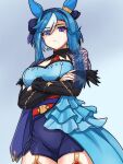  1girl admire_groove_(glacial_queen)_(umamusume) admire_groove_(umamusume) animal_ears blue_dress blue_eyes blue_hair breasts commentary crossed_arms dress ear_covers from_below gradient_hair grey_background heterochromia highres horse_ears horse_girl large_breasts looking_at_viewer looking_down me_me_rammeat mole mole_under_mouth multicolored_hair necktie purple_eyes red_necktie see-through_clothes see-through_sleeves shaded_face short_hair_with_long_locks short_necktie simple_background solo streaked_hair umamusume untranslatable_commentary white_hair white_streaks 