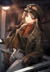  1girl :/ against_railing black_gloves black_hair black_shirt blue_eyes brown_hat brown_jacket chinese_commentary closed_mouth commentary_request cowboy_shot dark earrings gloves grey_pants hand_on_railing hanging_light hat highres jacket jewelry long_hair looking_at_viewer newsboy_cap pants qi_xing_(reverse:1999) railing reverse:1999 shirt solo tumaomao_(873709146521) watermark 