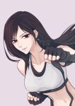  1girl bare_shoulders black_gloves black_hair black_sports_bra breasts clenched_hands closed_mouth collarbone commentary crop_top earrings fighting_stance final_fantasy final_fantasy_vii final_fantasy_vii_remake fingerless_gloves floating_hair gloves jewelry large_breasts lips long_hair looking_at_viewer midriff parted_lips pink_background pink_lips red_eyes roco_pic solo sports_bra suspenders tank_top teardrop_earrings tifa_lockhart twitter_username untranslatable_commentary upper_body white_tank_top 