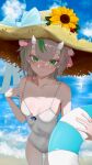  1girl absurdres beach blue_ribbon breasts collarbone commentary_request cowboy_shot custardbread991 day flower green_eyes green_hair grey_hair hair_ornament hamkubby hat hat_flower hat_ribbon highres holding holding_swim_ring horns korean_commentary listella multicolored_hair one-piece_swimsuit outdoors ribbon small_breasts solo straw_hat streaked_hair sun_hat sunflower swim_ring swimsuit water white_one-piece_swimsuit 