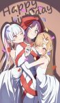  3girls :t @_@ bare_shoulders blonde_hair blue_eyes bow cake_hair_ornament cho_kaguya-hime! commentary english_commentary english_text food-themed_hair_ornament girl_sandwich gloves green_eyes hair_ornament happy_birthday highres kaguya_(cho_kaguya-hime!) kuro_sironekono long_hair multiple_girls orange_eyes pink_eyes ponytail purple_hair red_bow runami_yachiyo sakayori_iroha sandwiched white_gloves white_hair your_present_is_me yuri 