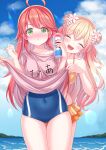  2girls :< absurdres ahoge alternate_costume bikini bikini_skirt bikini_under_clothes blonde_hair blue_one-piece_swimsuit blue_sky blush breasts closed_eyes clothes_lift clothes_writing cloud commentary_request covered_navel crossed_bangs day double_bun embarrassed esuorder facing_viewer fang flower food gradient_hair green_eyes hair_bun hair_flower hair_ornament highres holding holding_shaved_ice hololive layered_skirt lifting_another's_clothes long_hair looking_at_viewer medium_breasts momosuzu_nene multicolored_hair multiple_girls ocean one-piece_swimsuit open_mouth orange_bikini orange_skirt outdoors pink_hair pink_shirt sakura_miko school_swimsuit shaved_ice shirt shirt_lift sidelocks skirt sky smile swimsuit swimsuit_under_clothes t-shirt virtual_youtuber 