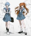 2girls ayanami_rei bag bandaged_arm bandages black_shoes black_socks blue_skirt collared_shirt commentary_request eyepatch film_grain hair_between_eyes hairpods hand_on_own_hip hand_up highres kaukrtya0915 long_hair mary_janes multiple_girls neck_ribbon neon_genesis_evangelion orange_hair pleated_skirt red_ribbon ribbon school_bag school_uniform shirt shoes short_hair short_sleeves skirt socks suspender_skirt suspenders tokyo-3_middle_school_uniform white_shirt white_shoes white_socks 