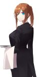  1girl absurdres alternate_costume alternate_hairstyle black_suit blue_eyes brown_hair butler closed_mouth commentary_request female_butler gloves go-toubun_no_hanayome hair_between_eyes highres holding holding_tray long_hair long_hair_between_eyes long_sleeves looking_at_viewer nakano_miku nanagawa_harube ponytail simple_background standing suit tailcoat towel towel_on_arm tray white_background white_gloves 