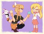  2girls artist_self-insert black_shirt black_shoes blonde_hair blue_eyes boots braid child closed_mouth collarbone commentary cutie_(yohocutie) dropped_food english_commentary extra_arms fang food hand_puppet highres holding holding_food holding_ice_cream holding_ice_cream_cone ice_cream ice_cream_cone licking_food long_hair long_sleeves looking_at_another multiple_girls nelly_(xyronii) off-shoulder_shirt off_shoulder one_eye_closed orange_skirt original pink_boots pink_skirt ponytail puppet shirt shoes short_sleeves skirt squatting tongue tongue_out twin_braids white_shirt xyronii 