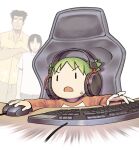  1girl 2boys beard black_hair cable chair child closed_mouth collared_shirt commentary_request computer_keyboard computer_mouse crossed_arms d: desk facial_hair gaming_chair gido_(hinchel_or) glasses green_hair headphones highres holding holding_computer_mouse jumbo_(yotsubato!) koiwai_yotsuba long_sleeves looking_ahead looking_at_another mr._koiwai multiple_boys opaque_glasses open_mouth outstretched_arms palm_tree_print pants quad_tails raglan_sleeves raised_inner_eyebrows red_sleeves shirt short_hair short_sleeves simple_background sitting smirk sweatdrop swivel_chair two-tone_shirt v-shaped_eyebrows white_background white_shirt yellow_shirt yotsubato! |_| 
