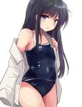  1girl absurdres asashio_(kancolle) black_hair blue_one-piece_swimsuit blush breasts collarbone commentary_request competition_school_swimsuit covered_navel cowboy_shot highres hirune_(konekonelkk) kantai_collection long_hair long_sleeves looking_at_viewer one-piece_swimsuit open_clothes open_mouth open_shirt school_swimsuit shirt small_breasts solo swimsuit swimsuit_under_clothes white_background white_shirt 
