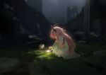  1girl absurdres arknights black_horns bloom commentary demon_girl demon_horns dress english_commentary film_grain from_side glowing heavy_film_grain highres horns light_particles long_hair night outdoors pink_hair ruins solo squatting theresa_(arknights) torn_clothes torn_sleeves uof white_dress 