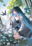  1girl absurdres ahoge bird black_dress black_hair blue_bird blue_eyes blue_hair breasts closed_mouth colored_inner_hair day dress highres holding holding_brush jacket lin_zhi_mao long_sleeves looking_at_animal medium_breasts multicolored_hair paper solo tacet_mark_(wuthering_waves) white_jacket wide_sleeves wuthering_waves yangyang_(wuthering_waves) yangyang_(xuanling)_(wuthering_waves) 