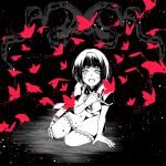  1girl aglio amakura_mayu arm_support bandaged_leg bandages black_background bob_cut boots breasts bug butterfly commentary crying crying_with_eyes_open dress fatal_frame fatal_frame_ii:_crimson_butterfly full_body greyscale half-closed_eyes hand_on_own_chest hand_up light_particles looking_at_viewer medium_breasts monochrome open_mouth pinafore_dress raised_eyebrows red_butterfly shirt short_hair short_sleeves sitting sleeveless sleeveless_dress solo spot_color tears untranslatable_commentary yokozuwari 