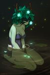  1girl adventure_time antlers artist_name black_leotard breasts colored_sclera colored_skin domino_mask english_commentary eye_mask from_side green_eyes green_hair green_sclera green_skin hair_branch highres horns huntress_wizard john_fox leaf leotard lily_pad looking_ahead mask mixed-language_commentary partially_submerged petals plant_hair playboy_bunny rabbit_tail russian_commentary sitting solo strapless strapless_leotard tail wariza 
