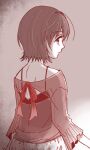  1girl aglio amakura_mio bare_shoulders black_camisole black_eyes brown_hair brown_shirt camisole commentary_request fatal_frame fatal_frame_ii:_crimson_butterfly from_behind gradient_background grey_background looking_at_viewer looking_back off-shoulder_shirt off_shoulder pale_colors parted_lips profile red_ribbon ribbon see-through_clothes see-through_shirt shirt short_hair sideways_glance skirt solo standing three-quarter_sleeves upper_body white_skirt 