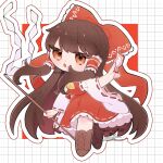  1girl absurdres alternate_hair_length_(longer) ascot between_fingers boots bow brown_boots brown_eyes brown_hair chibi chibi_only commentary detached_sleeves frilled_bow frilled_hair_tubes frilled_skirt frills full_body gohei grid_background hair_bow hair_tubes hakurei_reimu highres holding holding_gohei holding_ofuda lace-up_boots long_hair looking_at_viewer ofuda ofuda_between_fingers open_mouth outline red_bow red_skirt ribbon-trimmed_skirt ribbon-trimmed_sleeves ribbon_trim skirt skirt_set solo touhou uzuki_(amayadori) very_long_hair watermark white_outline yellow_ascot 