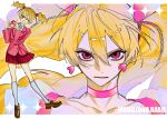  1girl :d absurdres blonde_hair bow character_name choker collarbone commentary_request cure_peach dress earrings empty_eyes fresh_precure! full_body hair_between_eyes hair_ornament hair_ribbon heart heart_earrings heart_hair_ornament heart_hands highres jewelry long_hair looking_at_viewer magical_girl momozono_love open_mouth pccp260 pink_choker pink_eyes pink_shirt pleated_skirt precure red_eyes red_skirt ribbon school_uniform shirt skirt smile socks solo sparkle twintails 